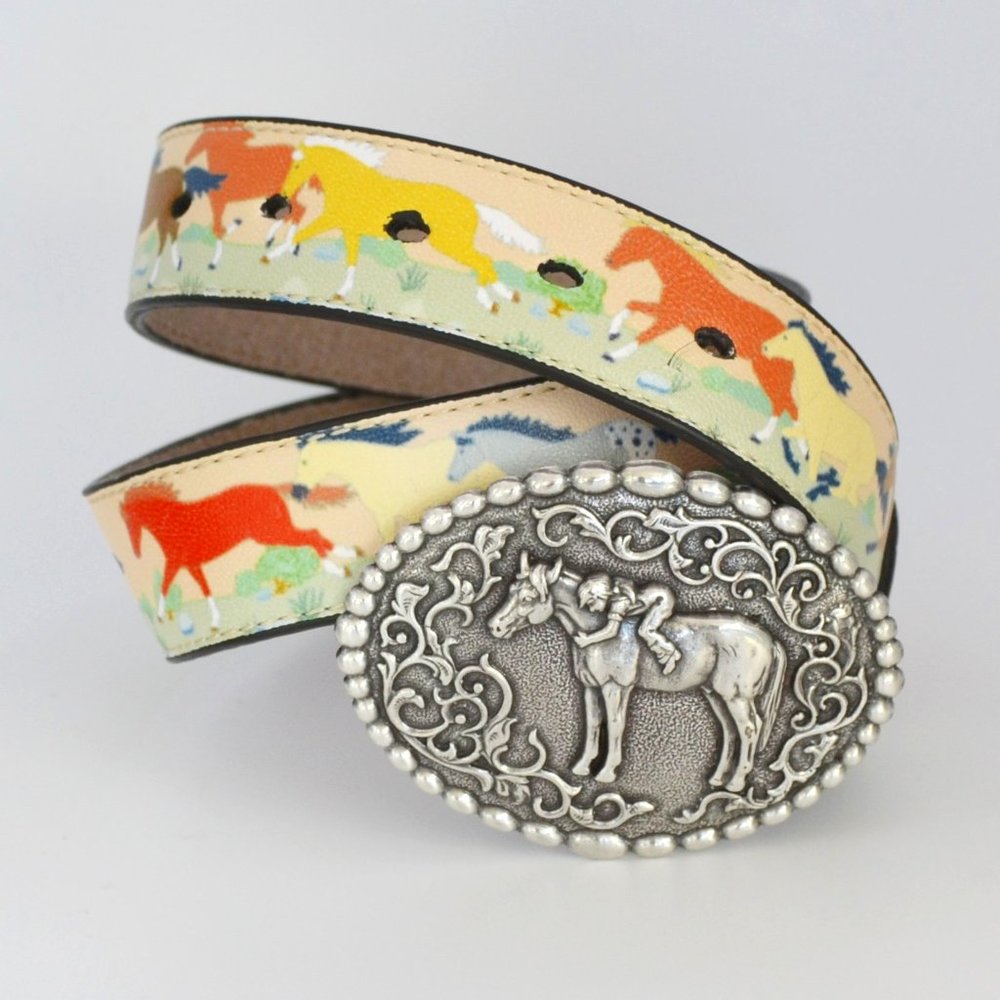Nocona Girl's Western Cowgirl Belt Horse Print Silver Belt Buckle Size S